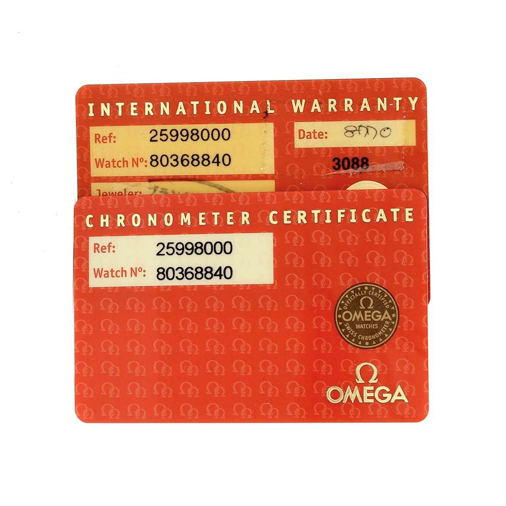 The image shows the International Warranty and Chronometer Certificate cards for an Omega Seamaster 2599.80.00 Men
s Stainless Steel Blue Dial 2599.80.00 Men
s Stainless Steel Blue Dial watch.
