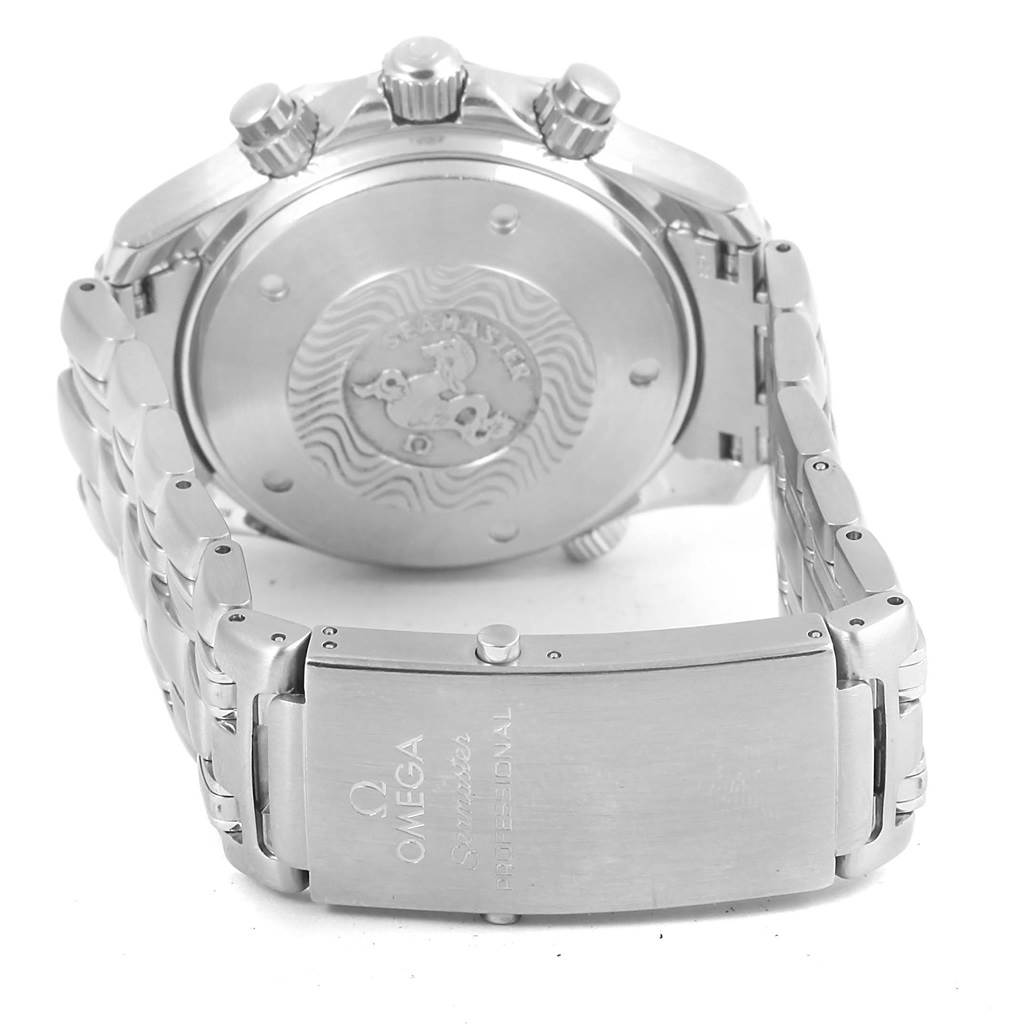 The image shows the backside and bracelet clasp of the Omega Seamaster 2599.80.00 Men
s Stainless Steel Blue Dial 2599.80.00 Men
s Stainless Steel Blue Dial watch, prominently displaying the brand and model engravings.