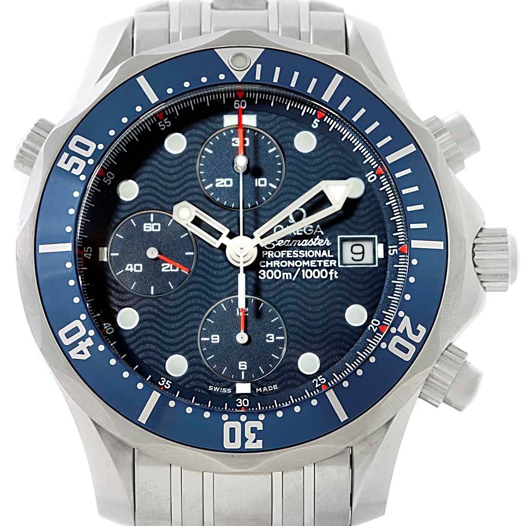 The image shows a front view of the Omega Seamaster 2599.80.00 Men
s Stainless Steel Blue Dial 2599.80.00 Men
s Stainless Steel Blue Dial watch, highlighting its dial, bezel, and chronograph sub-dials.