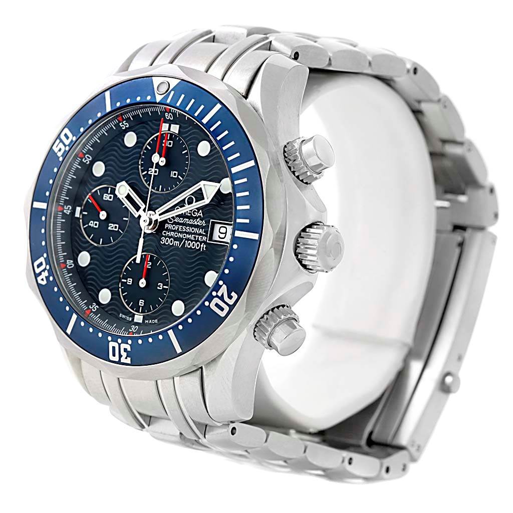 The image shows an Omega Seamaster 2599.80.00 Men
s Stainless Steel Blue Dial 2599.80.00 Men
s Stainless Steel Blue Dial watch from a side angle, highlighting the bezel, chronograph dials, crown, and bracelet.
