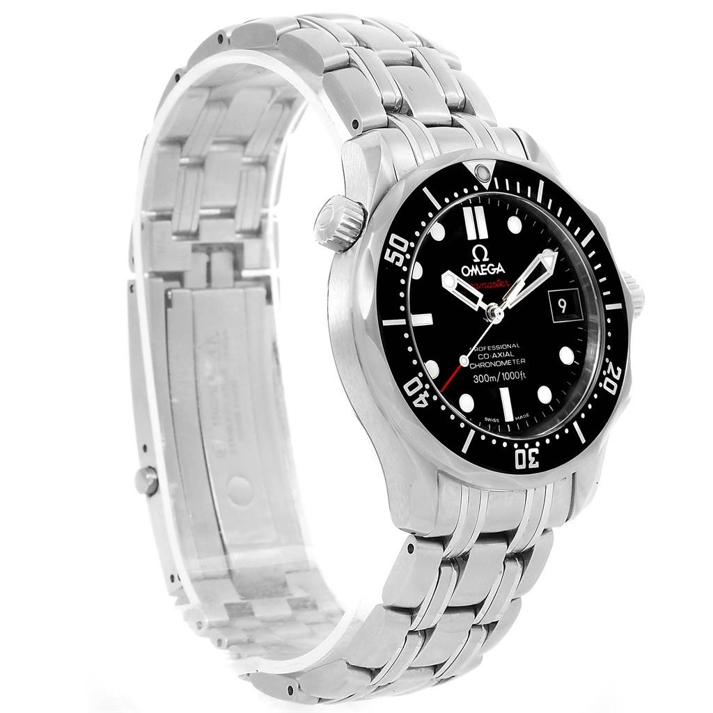 The image shows a side view of the Omega Seamaster 212.30.36.20.01.001 Men
s Stainless Steel Black Dial 212.30.36.20.01.001 Men
s Stainless Steel Black Dial watch, highlighting the stainless steel bracelet, case, and black dial.