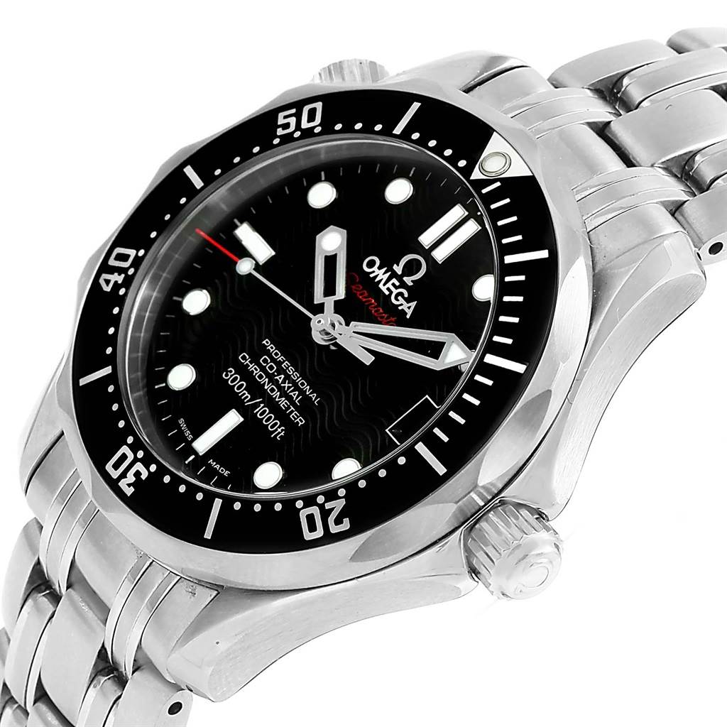 The Omega Seamaster 212.30.36.20.01.001 Men
s Stainless Steel Black Dial 212.30.36.20.01.001 Men
s Stainless Steel Black Dial watch is shown at a slight angle displaying its face, bezel, crown, and part of the stainless steel bracelet.
