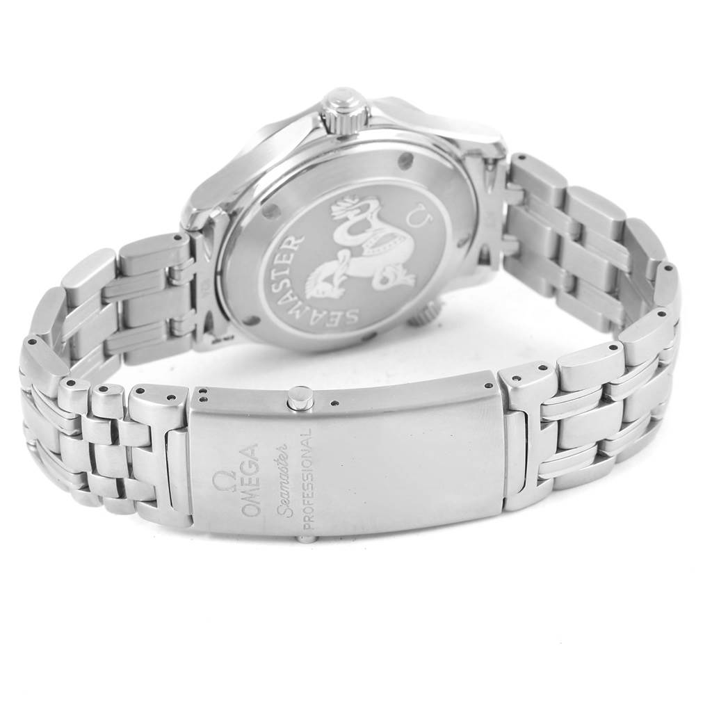 The image shows the back case and metal bracelet of an Omega Seamaster 212.30.36.20.01.001 Men
s Stainless Steel Black Dial 212.30.36.20.01.001 Men
s Stainless Steel Black Dial watch, highlighting the clasp and engravings.