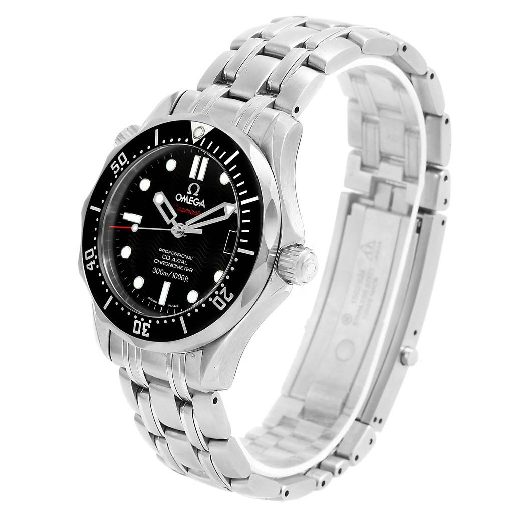 The image shows an Omega Seamaster 212.30.36.20.01.001 Men
s Stainless Steel Black Dial 212.30.36.20.01.001 Men
s Stainless Steel Black Dial watch at a three-quarter angle, highlighting the face, bezel, and metal bracelet.