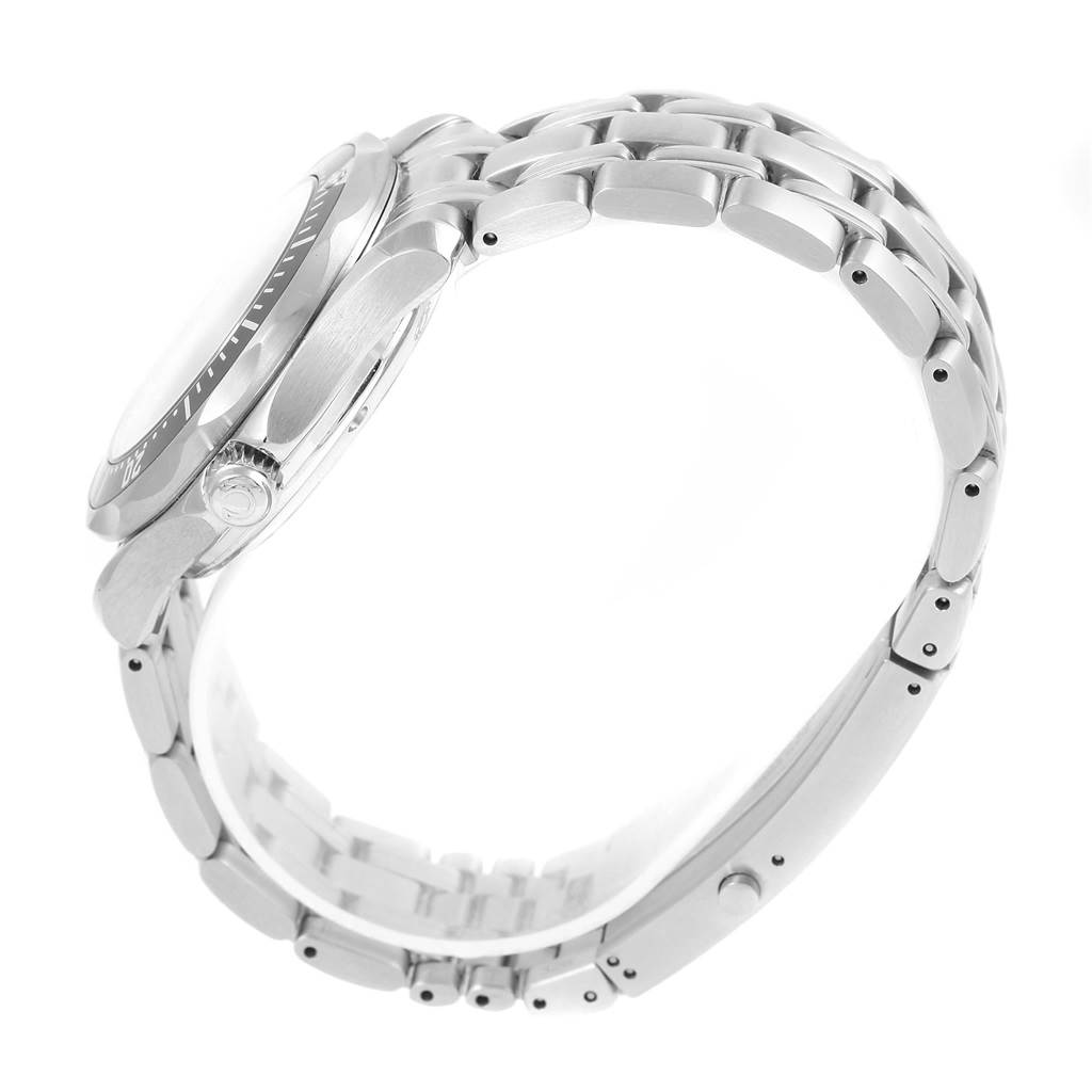 The watch, an Omega Seamaster 212.30.36.20.01.001 Men
s Stainless Steel Black Dial 212.30.36.20.01.001 Men
s Stainless Steel Black Dial model, is shown from a side angle, highlighting its metal band, bezel, and crown.