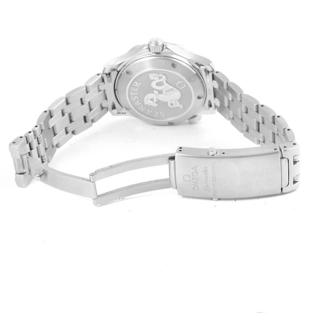 This image shows the back and partially opened clasp of an Omega Seamaster 212.30.36.20.01.001 Men
s Stainless Steel Black Dial 212.30.36.20.01.001 Men
s Stainless Steel Black Dial watch.