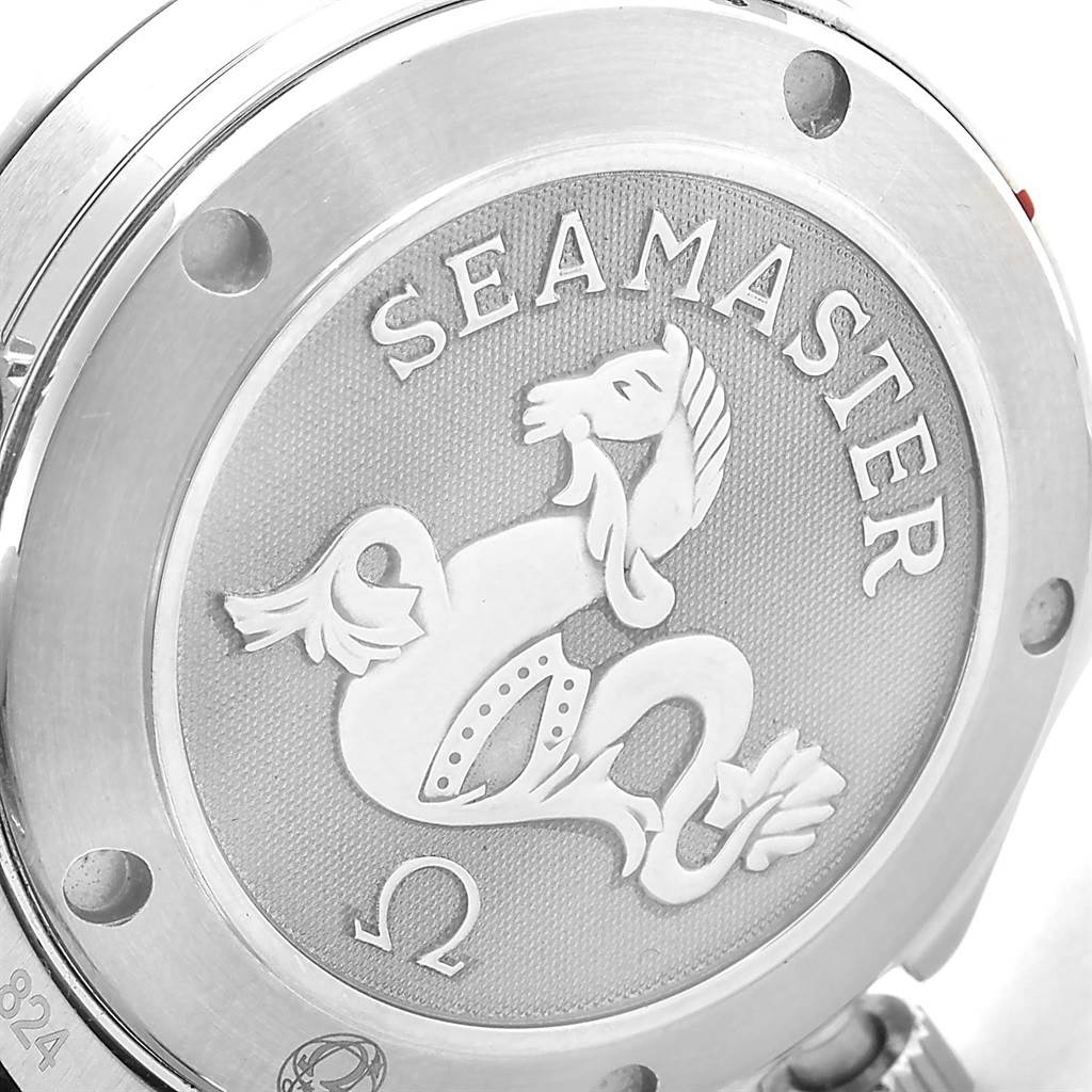 This image shows the case back of the Omega Seamaster 212.30.36.20.01.001 Men
s Stainless Steel Black Dial 212.30.36.20.01.001 Men
s Stainless Steel Black Dial watch, featuring the engraved logo and detailing.