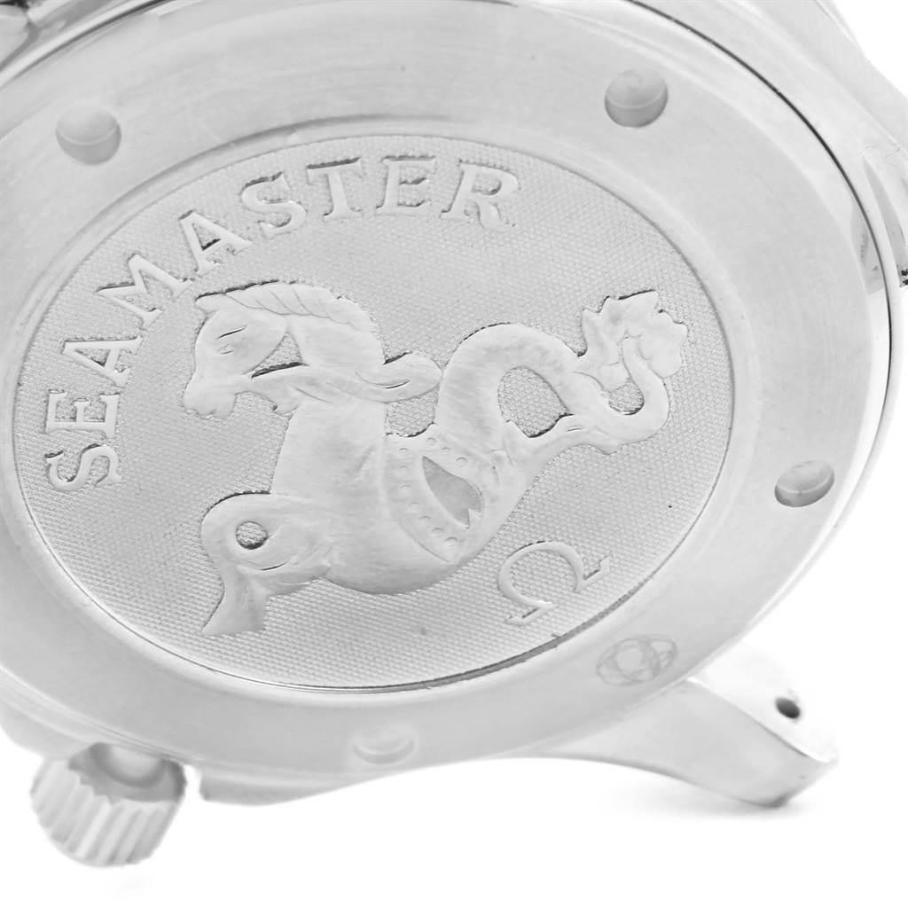 The image shows the back case of an Omega Seamaster 2220.80.00 Men
s Stainless Steel Blue Dial 2220.80.00 Men
s Stainless Steel Blue Dial watch, featuring an engraved seahorse and branding.