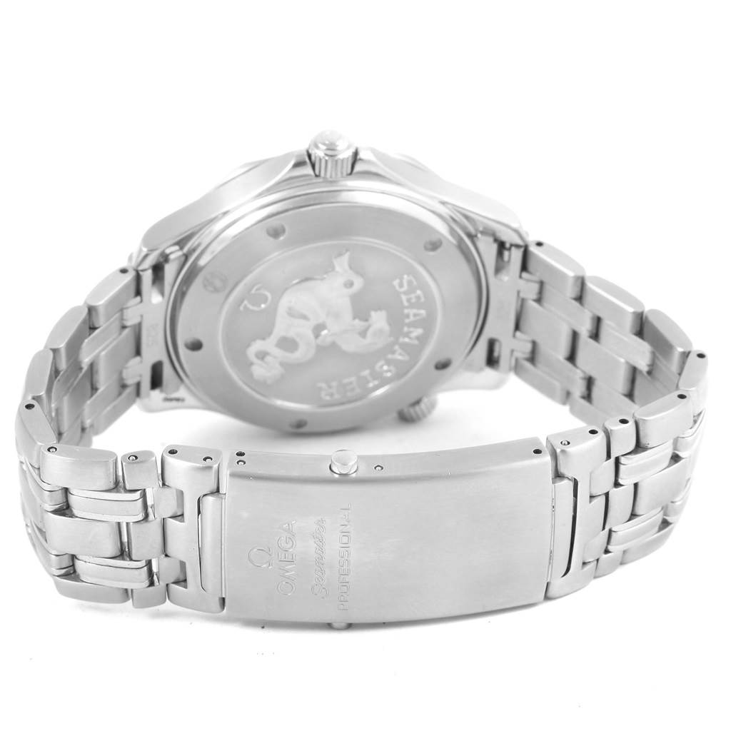 The image shows the back case and clasp of an Omega Seamaster 2220.80.00 Men
s Stainless Steel Blue Dial 2220.80.00 Men
s Stainless Steel Blue Dial watch, capturing the metal bracelet and engraved details.