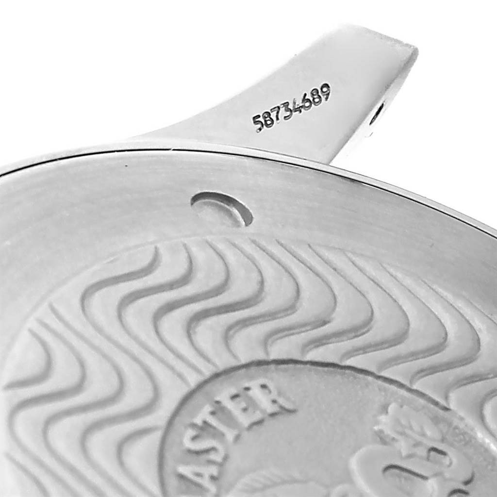 The image shows a partial view of an Omega Seamaster 2541.80.00 Men
s Stainless Steel Blue Dial 2541.80.00 Men
s Stainless Steel Blue Dial watch case back, highlighting the engraved branding and serial number.