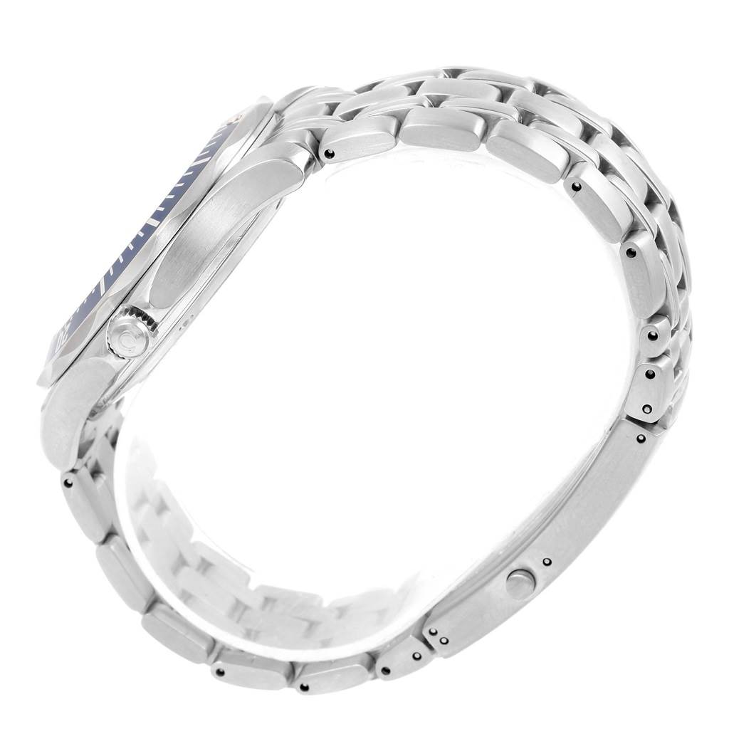 The Omega Seamaster 2541.80.00 Men
s Stainless Steel Blue Dial 2541.80.00 Men
s Stainless Steel Blue Dial watch is shown from a side angle, highlighting the bracelet, case, and crown.