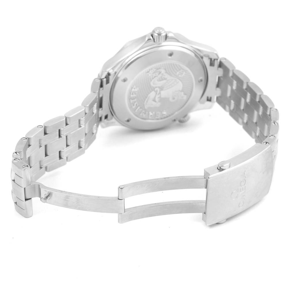 The image shows the back and bracelet of the Omega Seamaster 212.30.41.20.03.001 Men
s Stainless Steel Blue Dial 212.30.41.20.03.001 Men
s Stainless Steel Blue Dial watch, highlighting the clasp and case back.