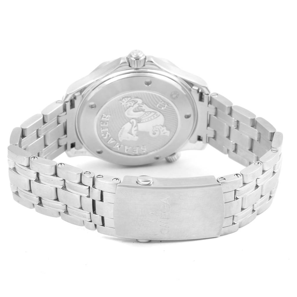 The image shows the back case and bracelet of the Omega Seamaster 212.30.41.20.03.001 Men
s Stainless Steel Blue Dial 212.30.41.20.03.001 Men
s Stainless Steel Blue Dial watch at an angled perspective.