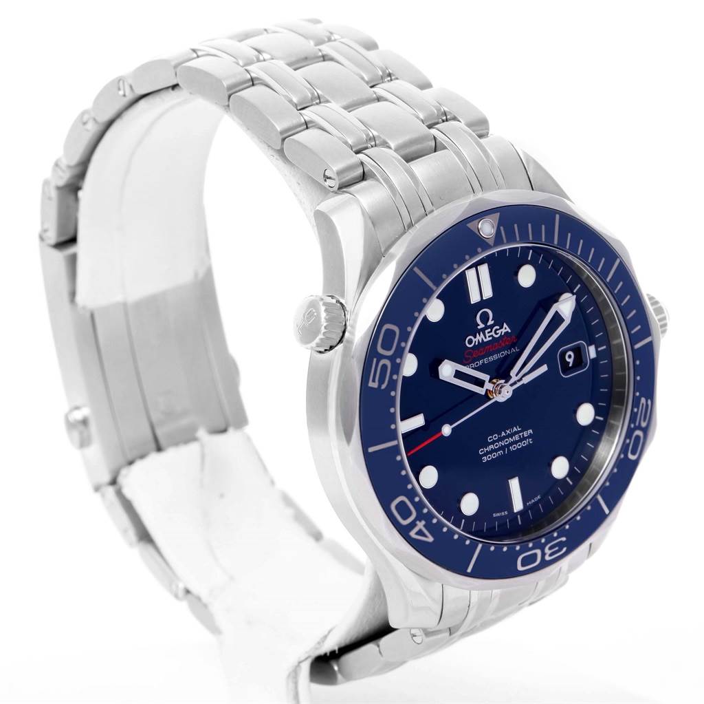 The image shows a side angle of the Omega Seamaster 212.30.41.20.03.001 Men
s Stainless Steel Blue Dial 212.30.41.20.03.001 Men
s Stainless Steel Blue Dial watch, highlighting its blue bezel, bracelet, and stainless steel case.