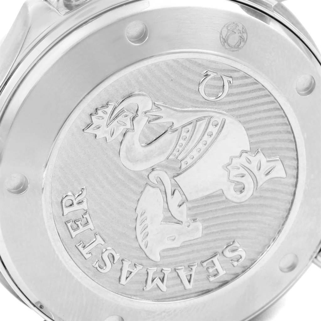 The image shows the case back of an Omega Seamaster 212.30.41.20.03.001 Men
s Stainless Steel Blue Dial 212.30.41.20.03.001 Men
s Stainless Steel Blue Dial watch with its engraved logo and lettering.