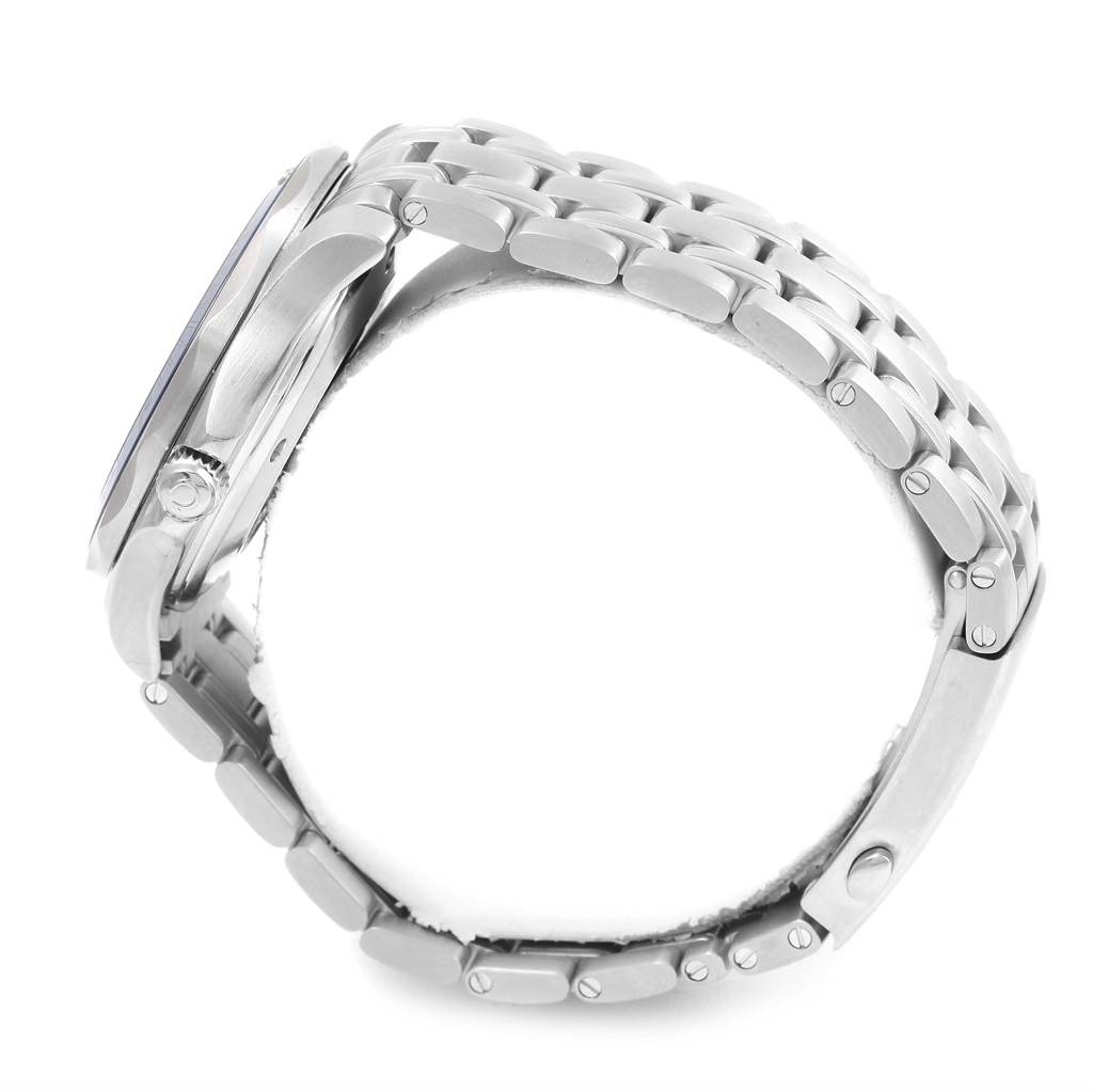 The side view of the Omega Seamaster 212.30.41.20.03.001 Men
s Stainless Steel Blue Dial 212.30.41.20.03.001 Men
s Stainless Steel Blue Dial watch shows the case, crown, and metal bracelet.