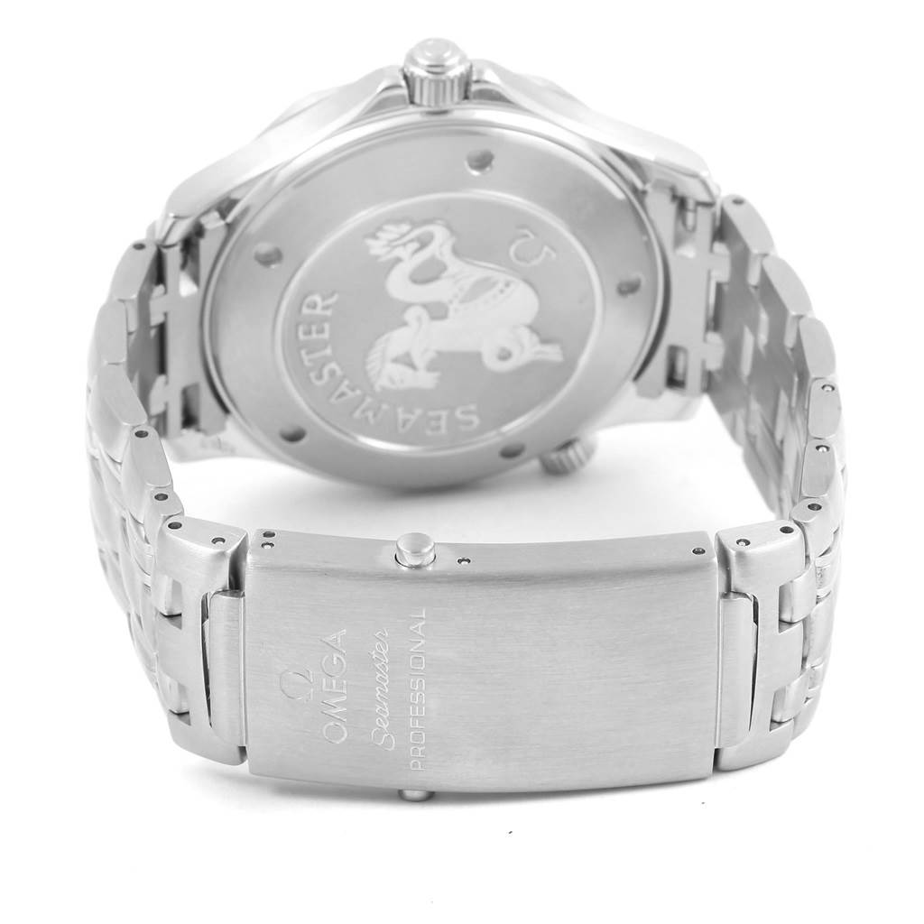 The image shows the back case, crown, and bracelet clasp of an Omega Seamaster 212.30.41.61.01.001 Men
s Stainless Steel Black Dial 212.30.41.61.01.001 Men
s Stainless Steel Black Dial watch from a rear angle.