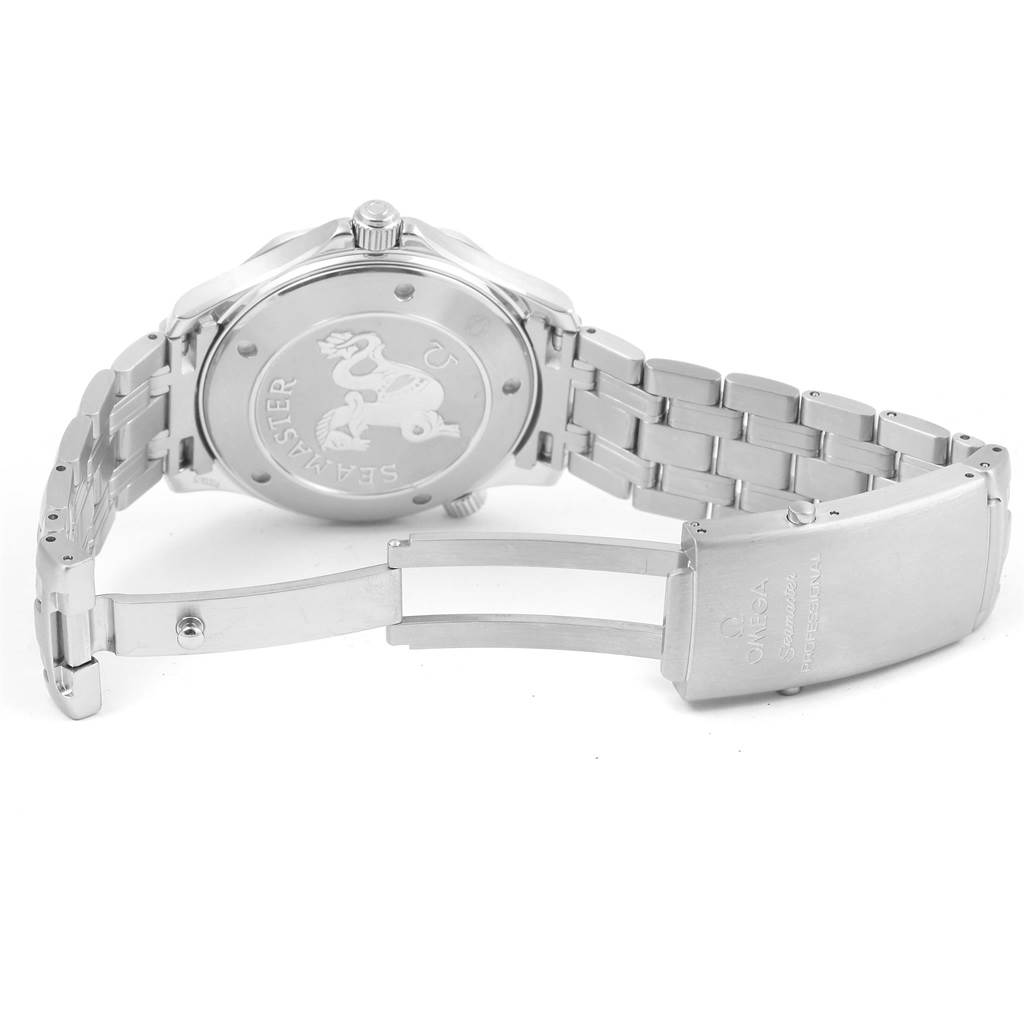 The image shows the back case and stainless steel bracelet of an Omega Seamaster 212.30.41.61.01.001 Men
s Stainless Steel Black Dial 212.30.41.61.01.001 Men
s Stainless Steel Black Dial watch, including the clasp and engraved case back.