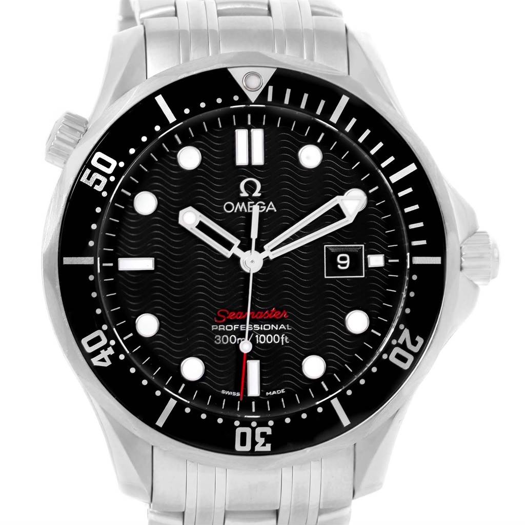 The image shows a front view of the Omega Seamaster 212.30.41.61.01.001 Men
s Stainless Steel Black Dial 212.30.41.61.01.001 Men
s Stainless Steel Black Dial watch, displaying its face, bezel, and bracelet.