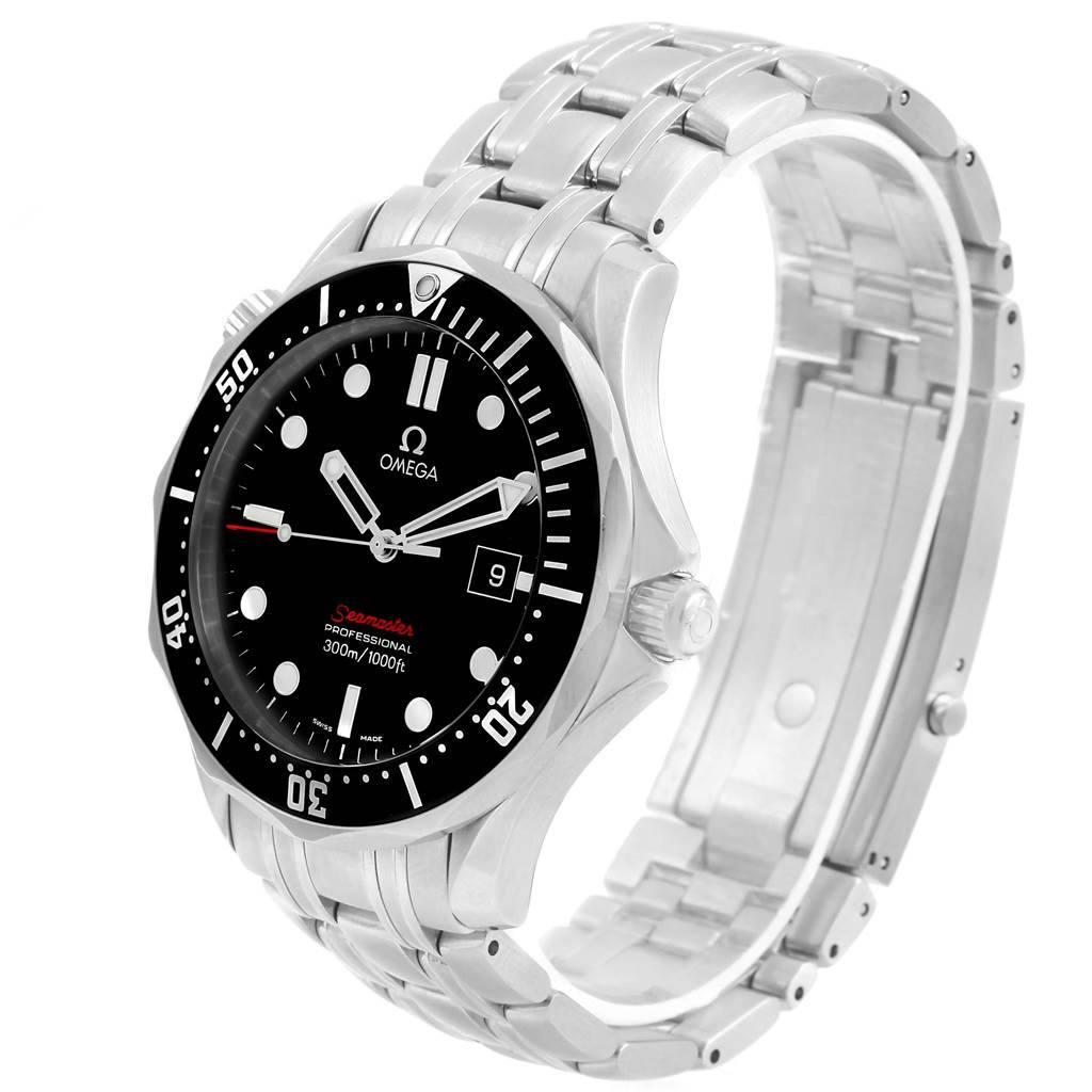 The Omega Seamaster 212.30.41.61.01.001 Men
s Stainless Steel Black Dial 212.30.41.61.01.001 Men
s Stainless Steel Black Dial watch is shown at an angle highlighting its face, bezel, crown, and stainless steel bracelet.