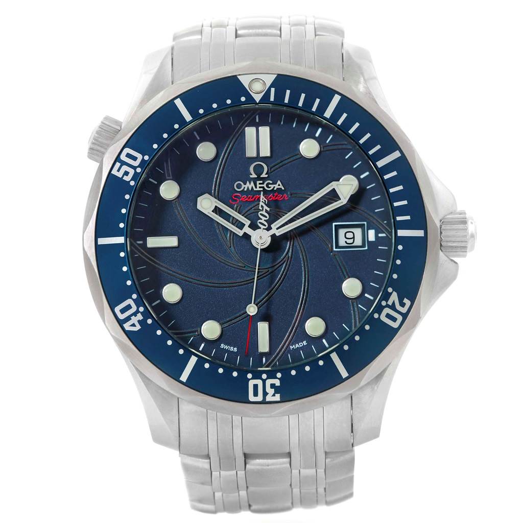 The Omega Seamaster 2226.80.00 Men's Stainless Steel Blue Dial 2226.80.00 Men's Stainless Steel Blue Dial watch is shown from a front angle, displaying its blue dial, date window, and stainless steel bracelet.