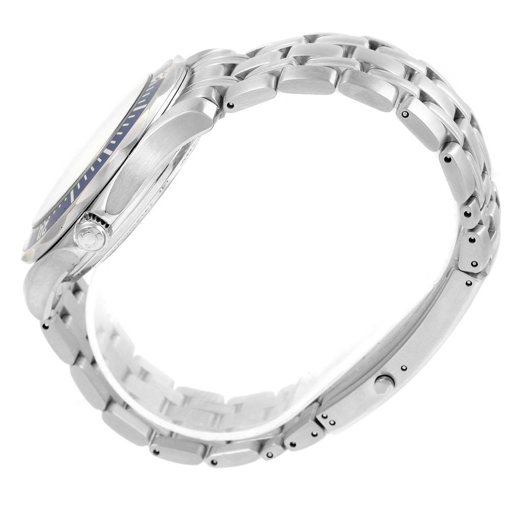 The image shows the side profile and bracelet of an Omega Seamaster 2226.80.00 Men's Stainless Steel Blue Dial 2226.80.00 Men's Stainless Steel Blue Dial watch, highlighting its case, bezel, crown, and metal links.