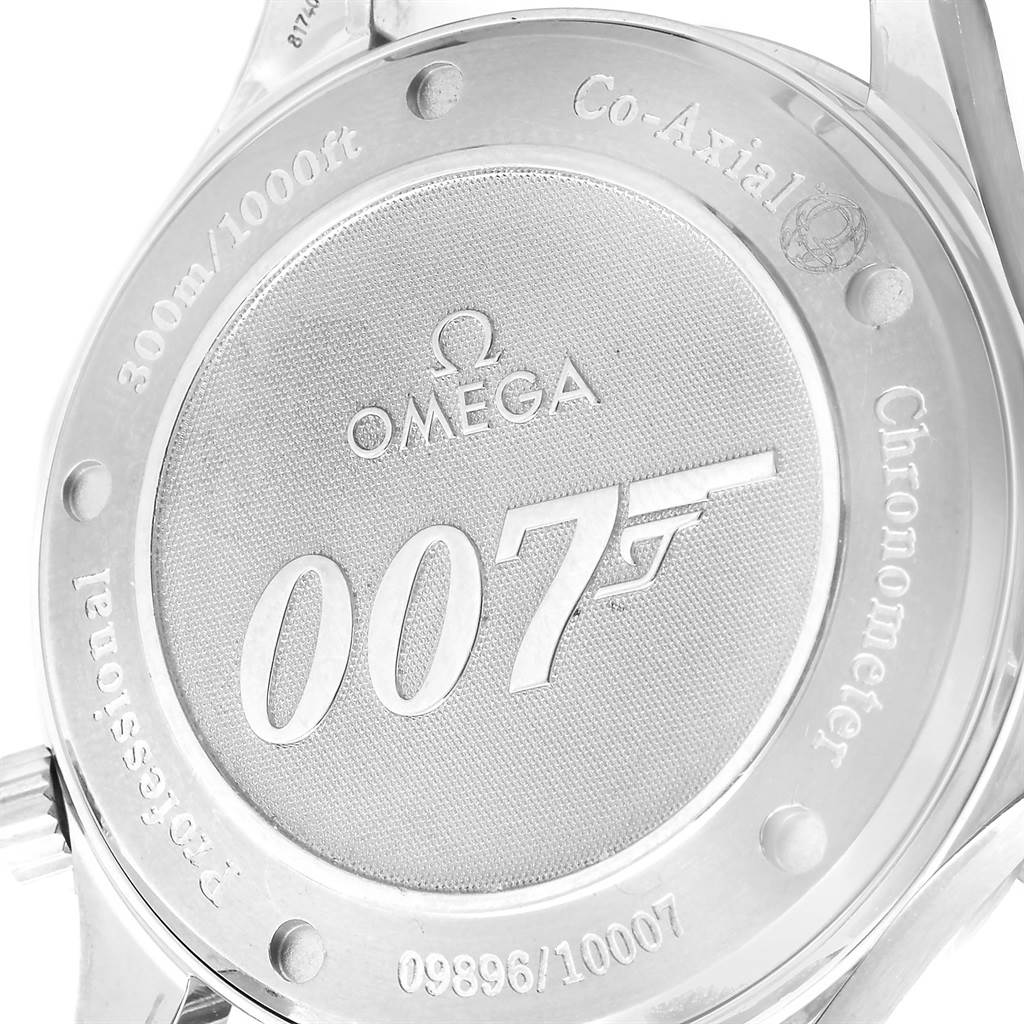 The image shows the back of an Omega Seamaster 2226.80.00 Men's Stainless Steel Blue Dial 2226.80.00 Men's Stainless Steel Blue Dial watch featuring the "007" engraving.