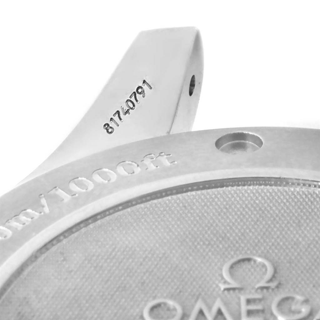 The image shows a close-up of the case back and part of the lugs of an Omega Seamaster 2226.80.00 Men's Stainless Steel Blue Dial 2226.80.00 Men's Stainless Steel Blue Dial watch.