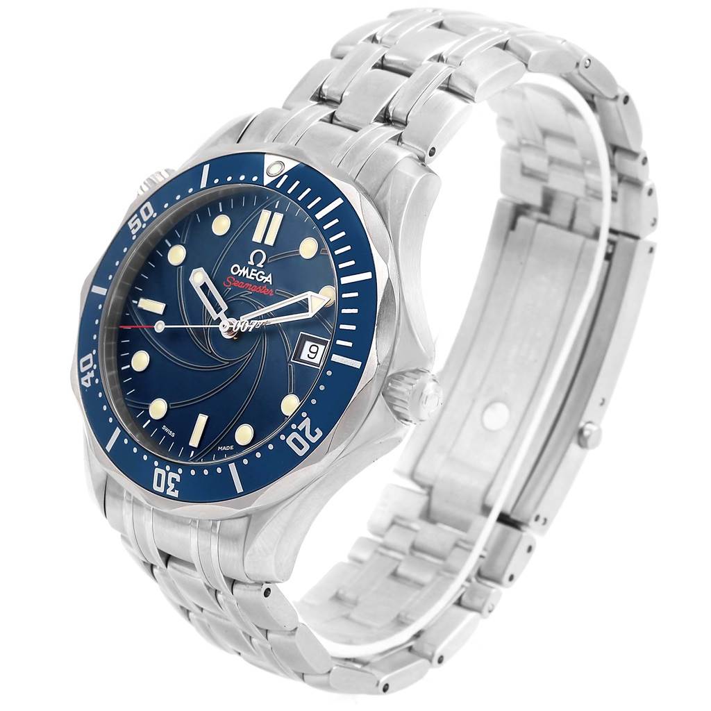 The Omega Seamaster 2226.80.00 Men's Stainless Steel Blue Dial 2226.80.00 Men's Stainless Steel Blue Dial watch is shown from an angled view, displaying its face, bezel, crown, and bracelet.