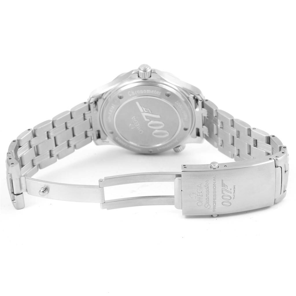 The image shows the back of an Omega Seamaster 2226.80.00 Men's Stainless Steel Blue Dial 2226.80.00 Men's Stainless Steel Blue Dial watch, highlighting the case back and bracelet with clasp, including the 007 engraving.