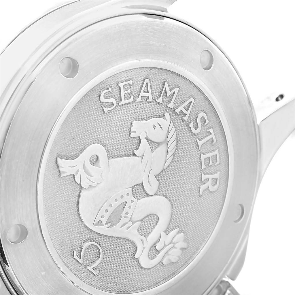 The image shows the engraved case back of an Omega Seamaster 2221.80.00 Men
s Stainless Steel Blue Dial 2221.80.00 Men
s Stainless Steel Blue Dial watch, featuring the Seamaster logo.