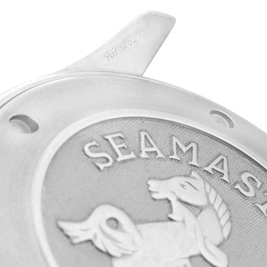 The image shows a close-up of the back case of an Omega Seamaster 2221.80.00 Men
s Stainless Steel Blue Dial 2221.80.00 Men
s Stainless Steel Blue Dial watch, highlighting the Seamaster logo and part of the serial number.