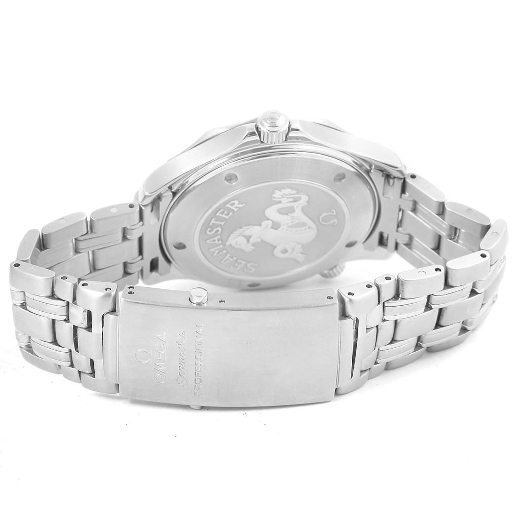 The Omega Seamaster 2221.80.00 Men
s Stainless Steel Blue Dial 2221.80.00 Men
s Stainless Steel Blue Dial watch is shown from the back, highlighting its case back, crown, and stainless steel bracelet.