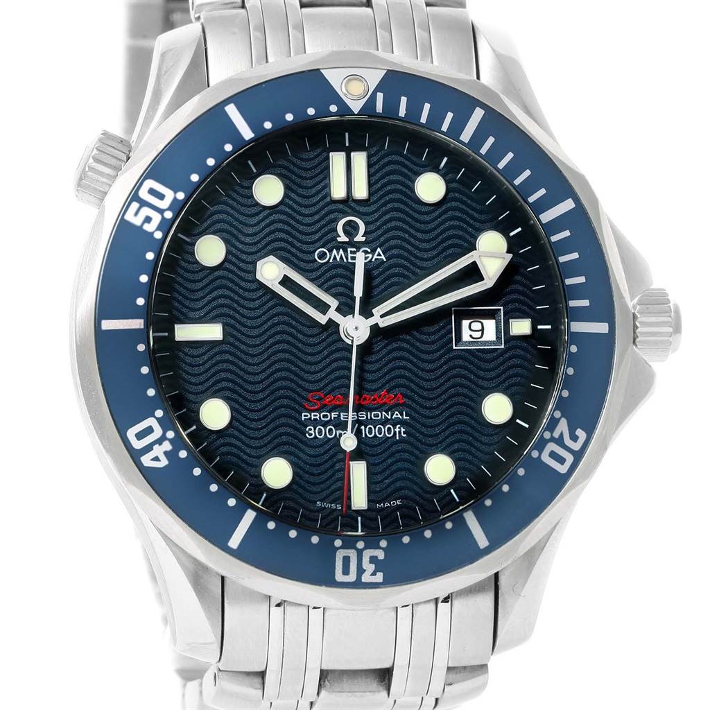 The Omega Seamaster 2221.80.00 Men
s Stainless Steel Blue Dial 2221.80.00 Men
s Stainless Steel Blue Dial watch is shown from a front view, displaying its face, bezel, and part of the metal band.