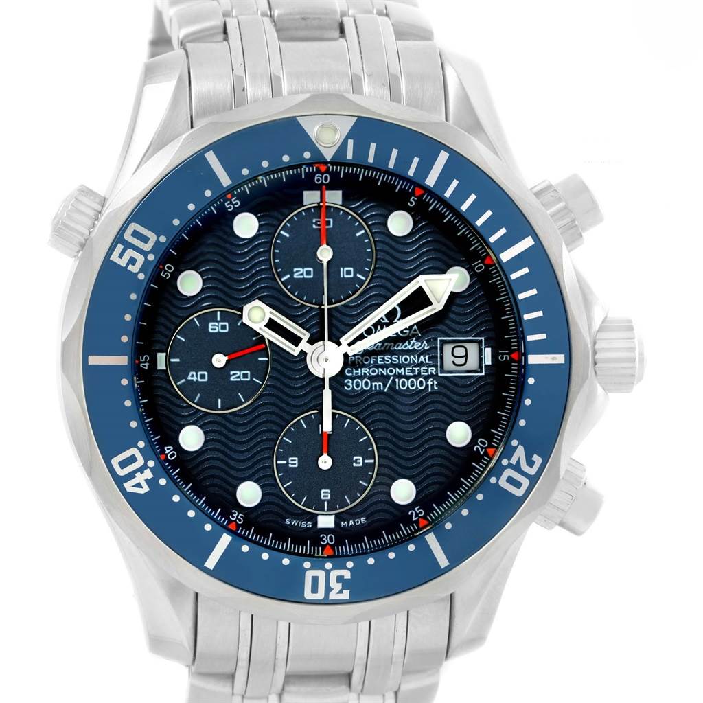 The Omega Seamaster 2599.80.00 Men
s Stainless Steel Blue Dial 2599.80.00 Men
s Stainless Steel Blue Dial watch is shown from the front, displaying its face, bezel, and part of the bracelet.