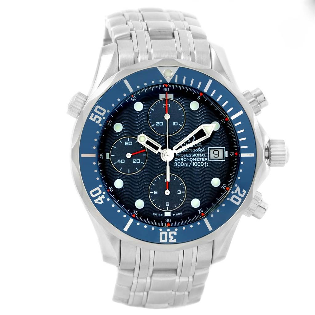 The image features a frontal view of an Omega Seamaster 2599.80.00 Men
s Stainless Steel Blue Dial 2599.80.00 Men
s Stainless Steel Blue Dial watch, highlighting its blue dial, stainless steel bracelet, and chronograph functions.