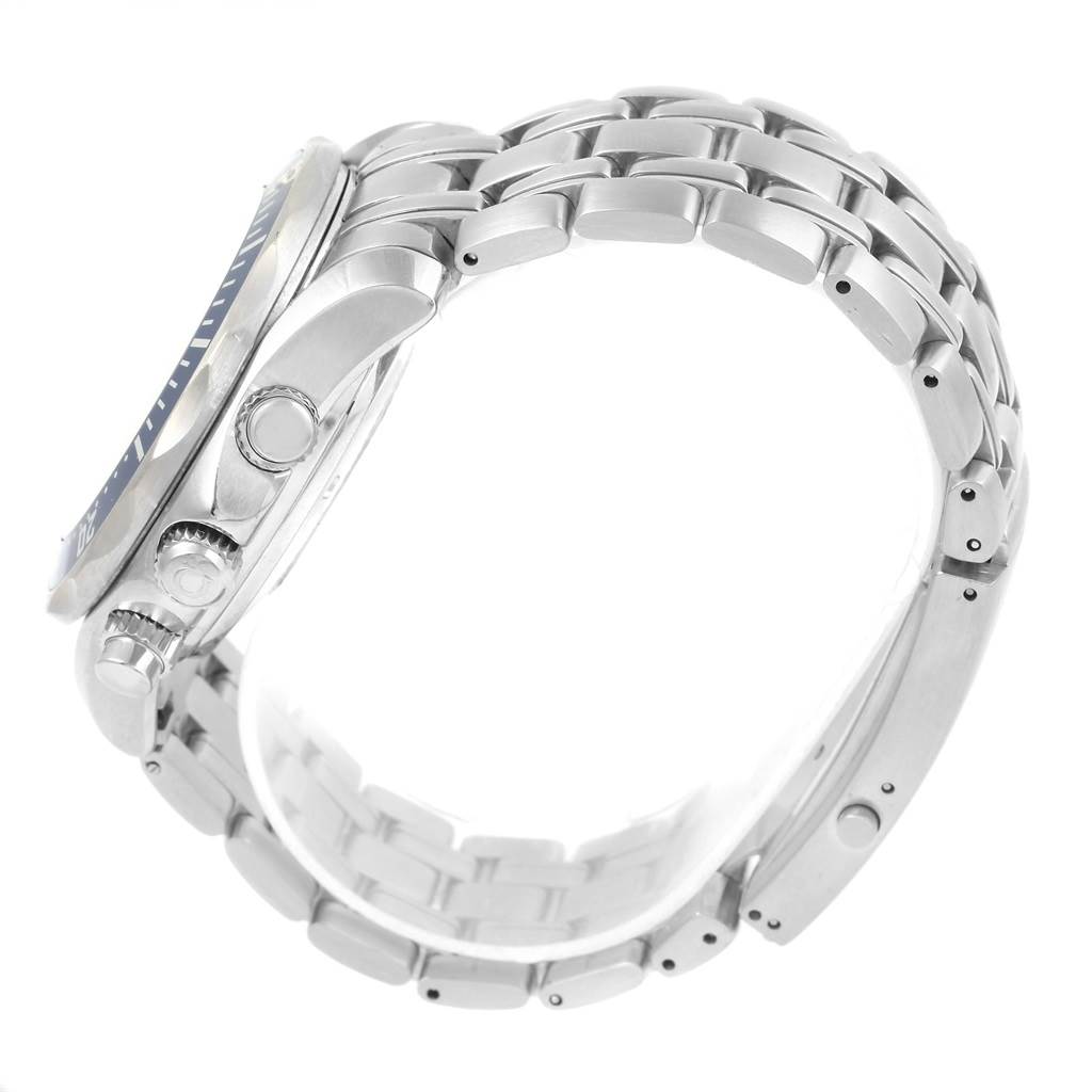The image shows a side profile of the Omega Seamaster 2599.80.00 Men
s Stainless Steel Blue Dial 2599.80.00 Men
s Stainless Steel Blue Dial watch, focusing on its crown, chronograph buttons, and stainless steel bracelet.