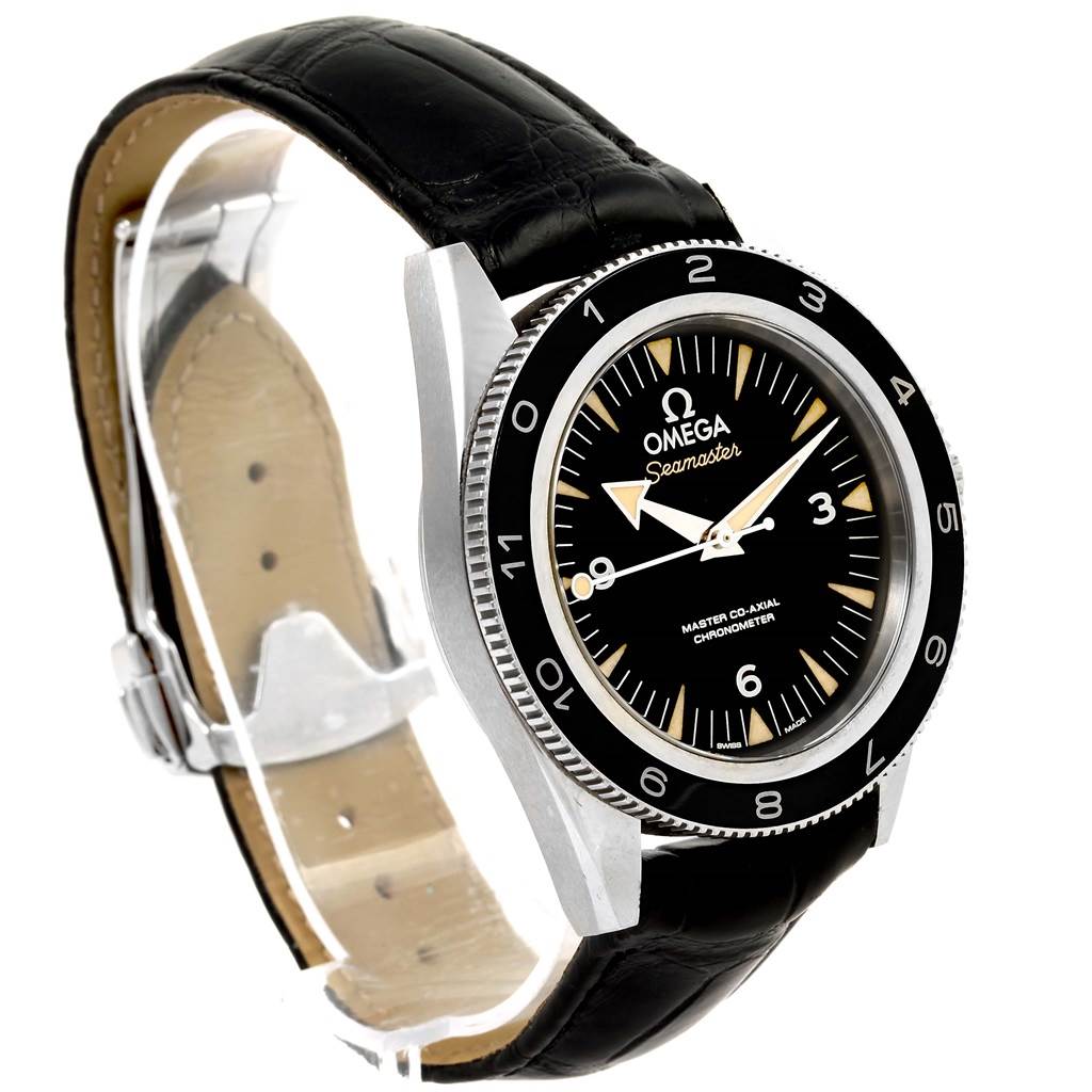 This image shows an Omega Seamaster 233.32.41.21.01.001 Men's Stainless Steel Black Dial 233.32.41.21.01.001 Men's Stainless Steel Black Dial watch from a front-left angle, highlighting its dial, bezel, and black leather strap.