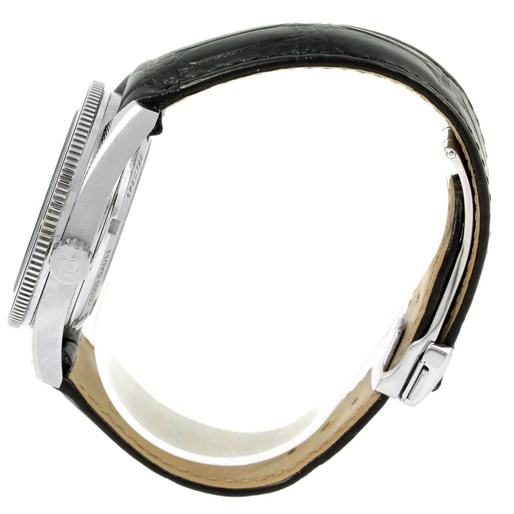 This image shows a side view of an Omega Seamaster 233.32.41.21.01.001 Men's Stainless Steel Black Dial 233.32.41.21.01.001 Men's Stainless Steel Black Dial watch, including its crown, bezel, and leather strap with a clasp.