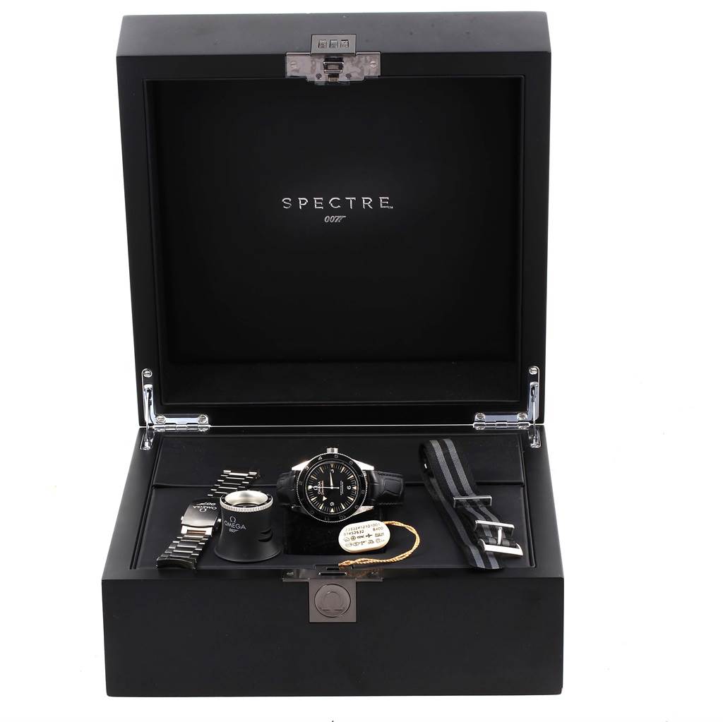 The image shows a boxed Omega Seamaster 233.32.41.21.01.001 Men's Stainless Steel Black Dial 233.32.41.21.01.001 Men's Stainless Steel Black Dial watch set with additional straps and accessories from a front angle.
