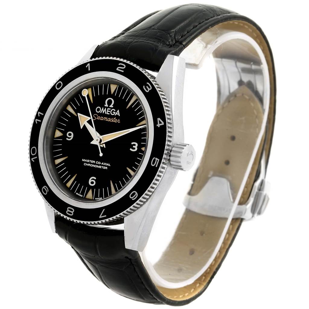 The image shows a front-side angle of the Omega Seamaster 233.32.41.21.01.001 Men's Stainless Steel Black Dial 233.32.41.21.01.001 Men's Stainless Steel Black Dial watch, highlighting its dial, bezel, crown, and leather strap.