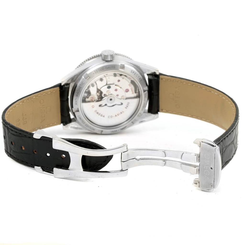 The image shows the back of an Omega Seamaster 233.32.41.21.01.001 Men's Stainless Steel Black Dial 233.32.41.21.01.001 Men's Stainless Steel Black Dial watch, highlighting its transparent case back and black leather strap with a deployment clasp.