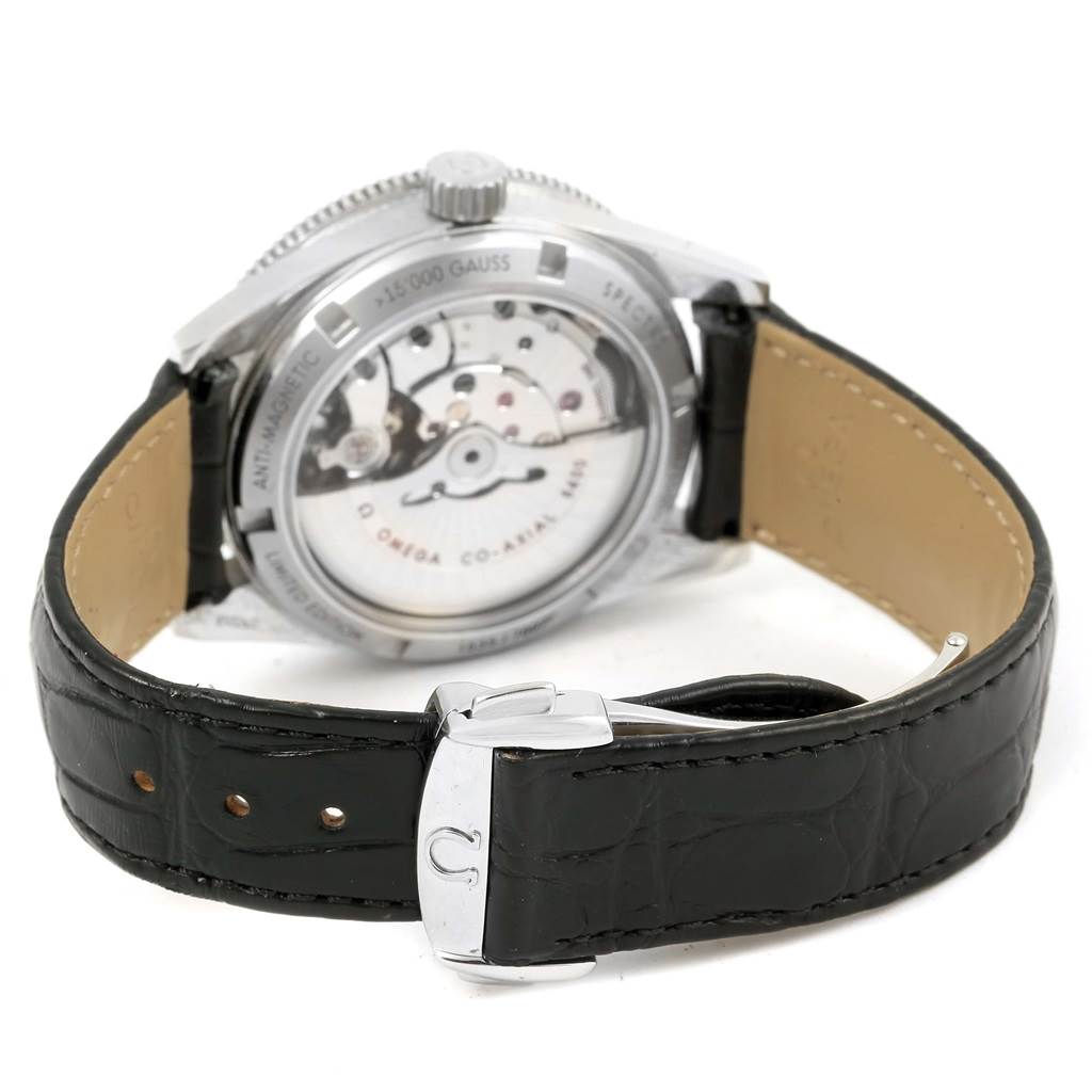 This image shows the back view of an Omega Seamaster 233.32.41.21.01.001 Men's Stainless Steel Black Dial 233.32.41.21.01.001 Men's Stainless Steel Black Dial watch, highlighting the movement and black leather strap.