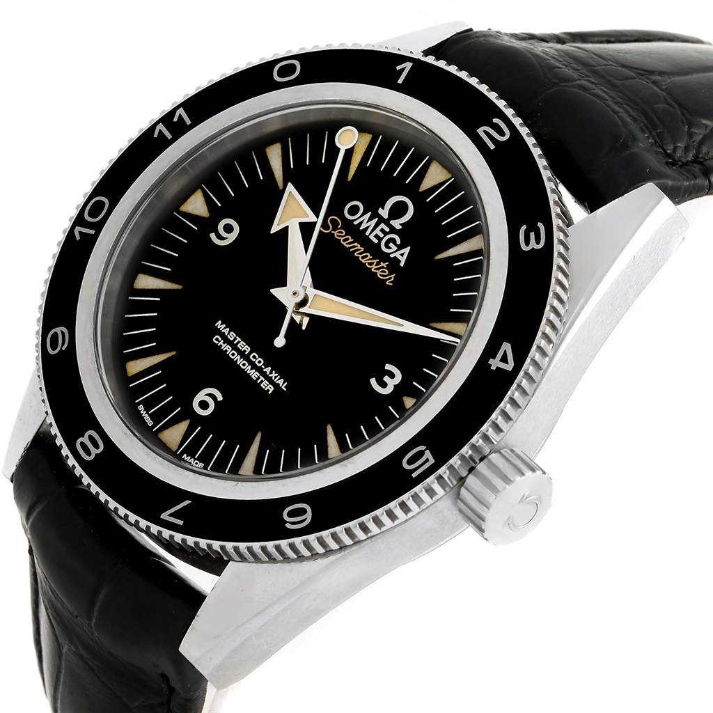 The image shows an Omega Seamaster 233.32.41.21.01.001 Men's Stainless Steel Black Dial 233.32.41.21.01.001 Men's Stainless Steel Black Dial watch from an angled side view, displaying the face, bezel, crown, and leather strap.
