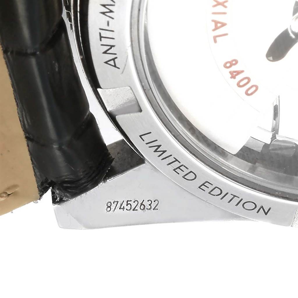 The image shows a close-up of the side of an Omega Seamaster 233.32.41.21.01.001 Men's Stainless Steel Black Dial 233.32.41.21.01.001 Men's Stainless Steel Black Dial watch, highlighting the "Limited Edition" engraving and part of the strap.