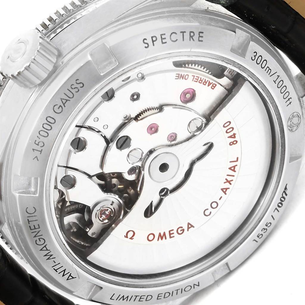 The image shows the back view of an Omega Seamaster 233.32.41.21.01.001 Men's Stainless Steel Black Dial 233.32.41.21.01.001 Men's Stainless Steel Black Dial watch, highlighting the internal movement and limited edition markings.