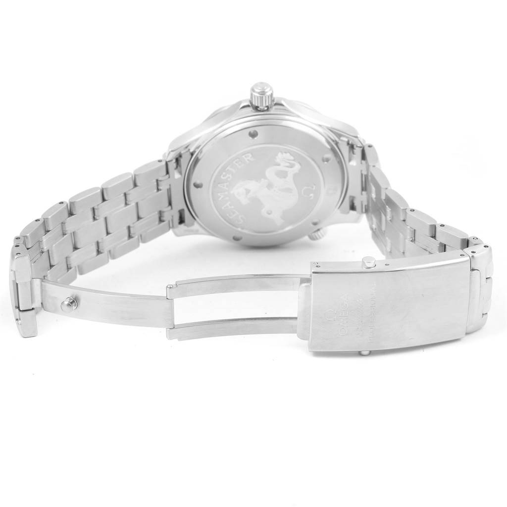 The image shows the rear view of the Omega Seamaster 212.30.41.20.01.002 Men
s Stainless Steel Black Dial 212.30.41.20.01.002 Men
s Stainless Steel Black Dial watch, including the case back and the metal bracelet with a partially open clasp.