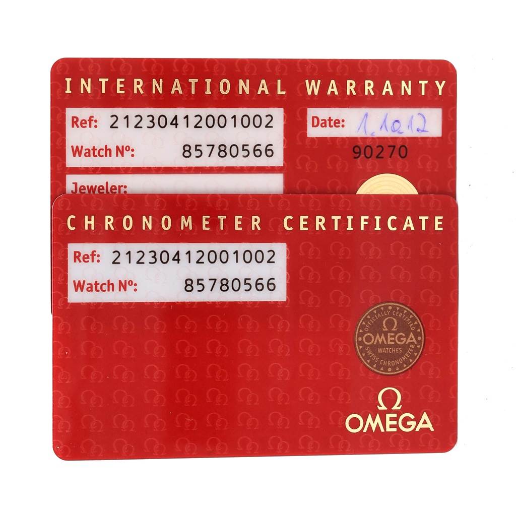 The image shows the International Warranty and Chronometer Certificate cards for an Omega Seamaster 212.30.41.20.01.002 Men
s Stainless Steel Black Dial 212.30.41.20.01.002 Men
s Stainless Steel Black Dial watch, displaying reference and watch numbers.