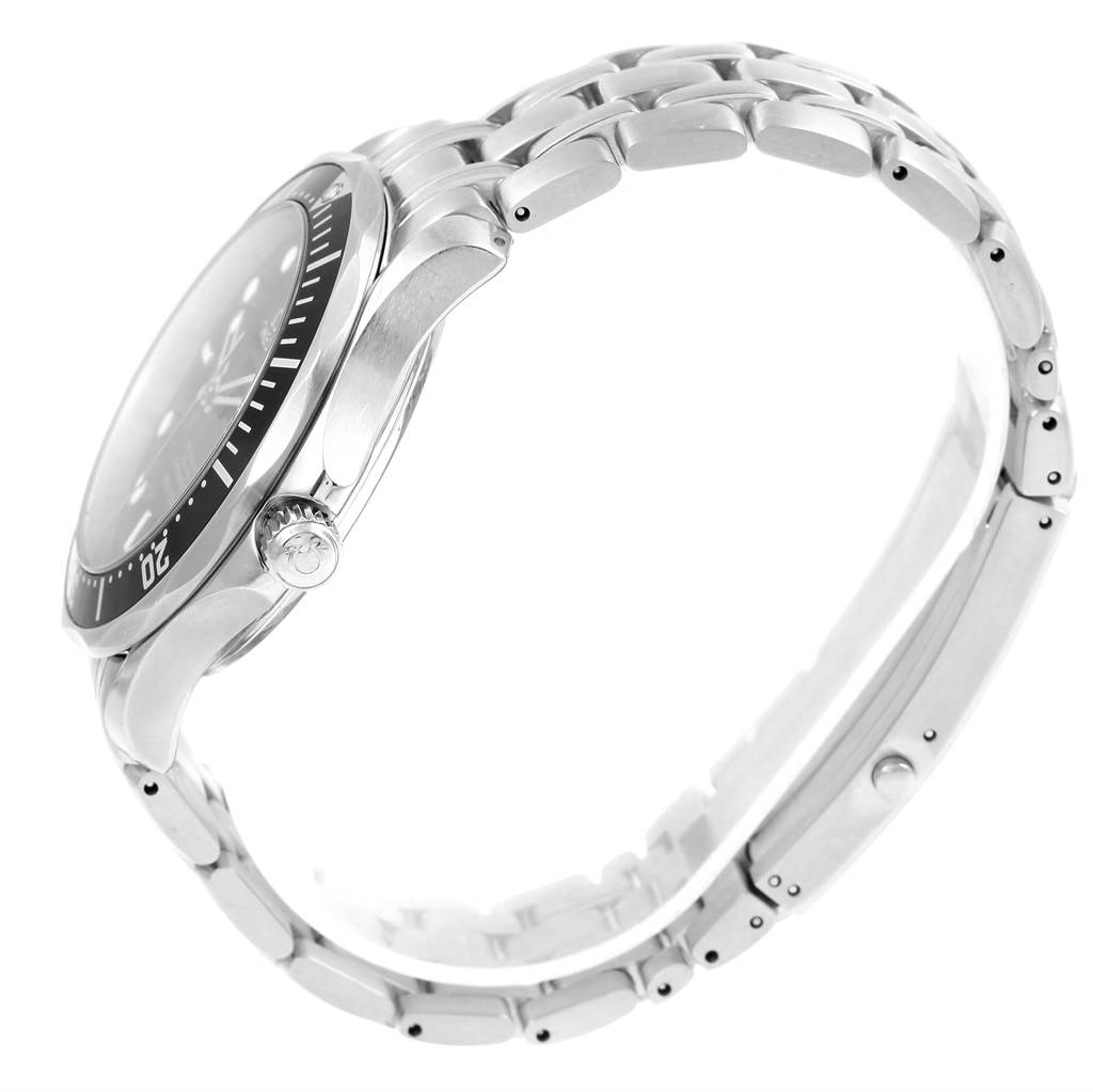 The image shows a side view of an Omega Seamaster 212.30.41.20.01.002 Men
s Stainless Steel Black Dial 212.30.41.20.01.002 Men
s Stainless Steel Black Dial watch, highlighting the case, bezel, crown, and metal bracelet.