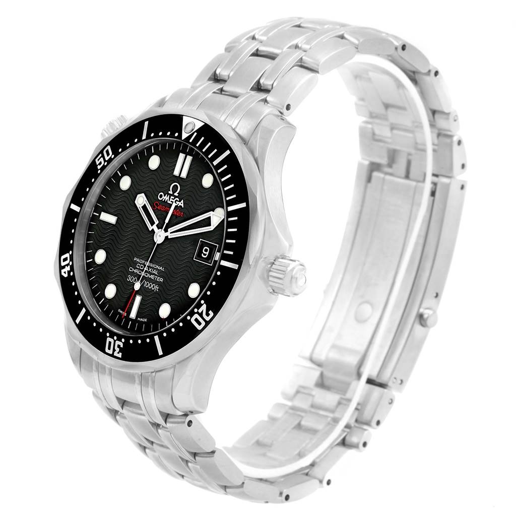 The image shows a side angle of the Omega Seamaster 212.30.41.20.01.002 Men
s Stainless Steel Black Dial 212.30.41.20.01.002 Men
s Stainless Steel Black Dial watch, highlighting its dial, bezel, case, and stainless steel bracelet.